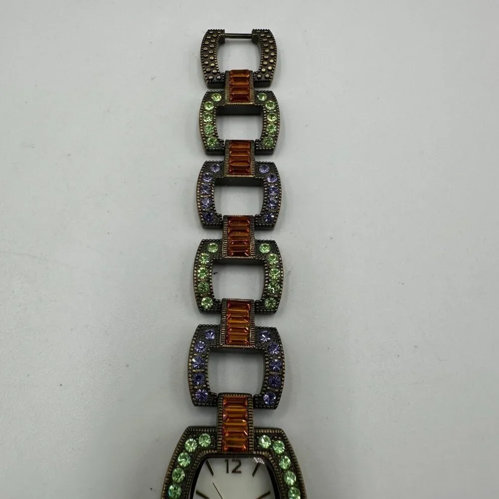 LA Vintage Rhinestone Watch Women Bronze Tone Green Purple New Battery 6.75 Inch
